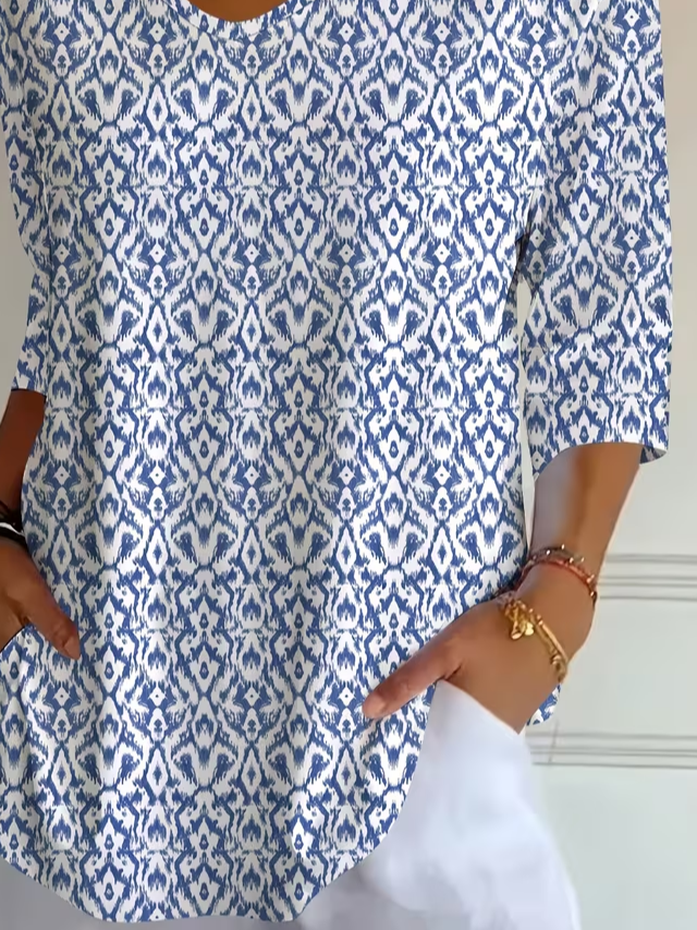 Blue Ikat Abstract V-Neck Three-Quarter Sleeve T-Shirt