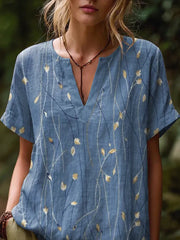 Ethnicity Flowers Geometry Women's Art Print Casual Short-sleeve V-neck Cotton Linen Shirt