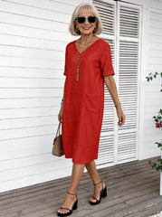 Cotton and Linen Summer V-neck Loose and Comfortable Holiday Dress