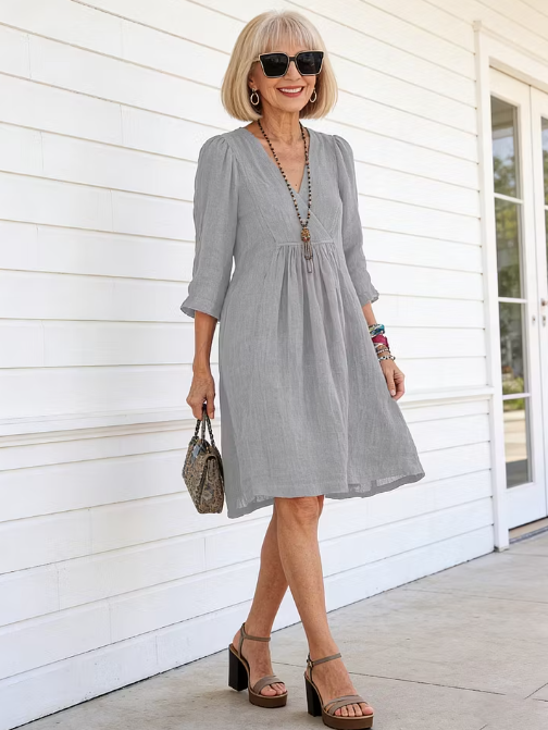 Women's Cotton and Linen 3/4 Sleeve V-neck Loose Casual Pocket Dress