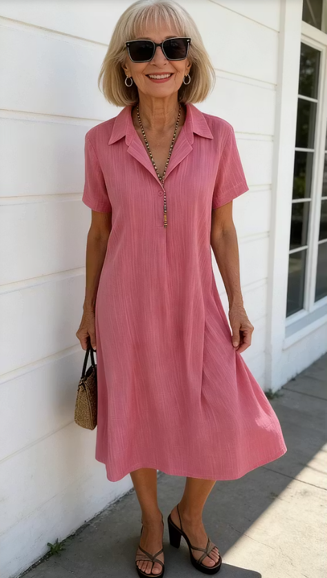 Loose Short-sleeved V-neck Solid Color Cotton and Linen Shirt Dress