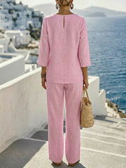 Pink Linen 3/4 Sleeve Top & Wide Leg Pants 2 Piece Set