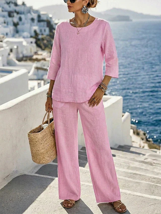 Pink Linen 3/4 Sleeve Top & Wide Leg Pants 2 Piece Set