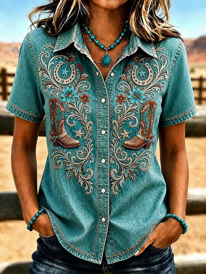 Denim Blue Western Cowboy Embroidery Lapel Short Sleeve Button Down Shirt