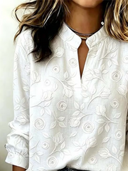 White 3D Embossed Rose Mandarin Collar Split V-Neck Long Sleeve Blouse