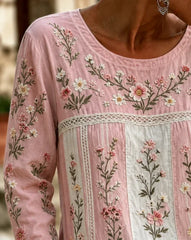 Pink Color Block Floral Embroidery Crew Neck Long Sleeve Casual T-Shirt