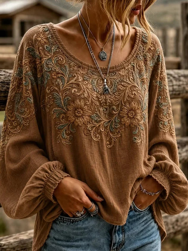 Brown Vintage Floral Scroll Embroidery Scoop Neck Puff Elastic Cuff Long Sleeve Loose Blouse
