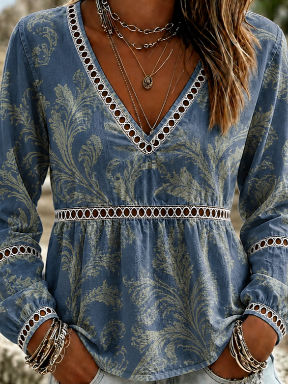 Deep Blue Vintage Leaf Print V-Neck Eyelet Lace Peplum Long Sleeve T-Shirt