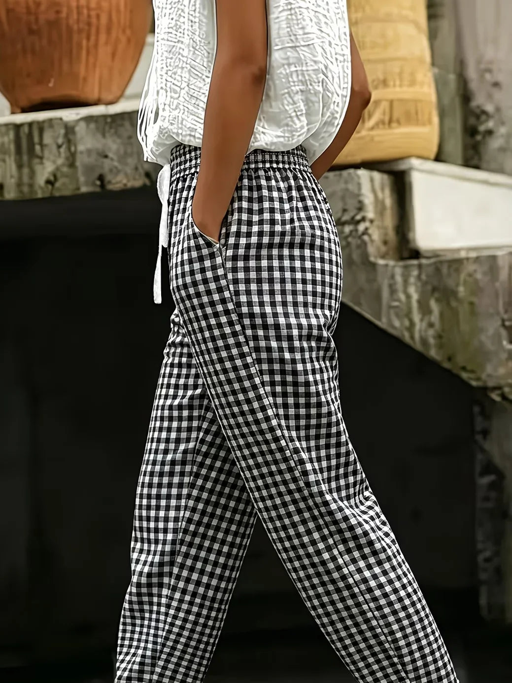 Black Gingham Plaid Elastic Drawstring Waist Casual Ankle Length Harem Pants