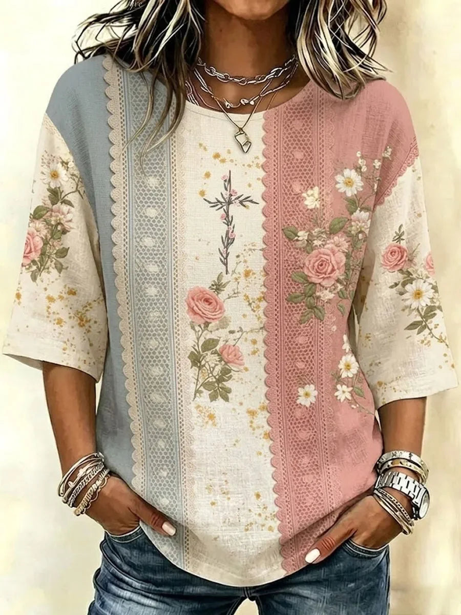 Color Block Lace Panel Rose Floral Print Crew Neck Half Sleeve Casual Blouse