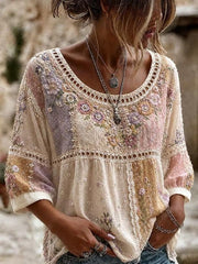 Multicolor Tie-Dye Floral Embroidery Eyelet Lace Scoop Neck Peplum Three-Quarter Sleeve Loose Blouse