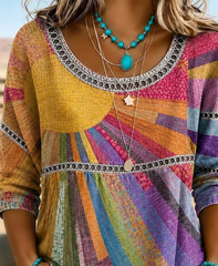 Multicolor Sunburst Rainbow Striped Eyelet Lace Scoop Neck Peplum Three-Quarter Sleeve Loose Blouse
