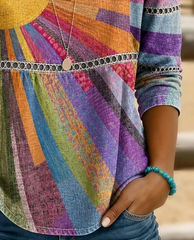 Multicolor Sunburst Rainbow Striped Eyelet Lace Scoop Neck Peplum Three-Quarter Sleeve Loose Blouse