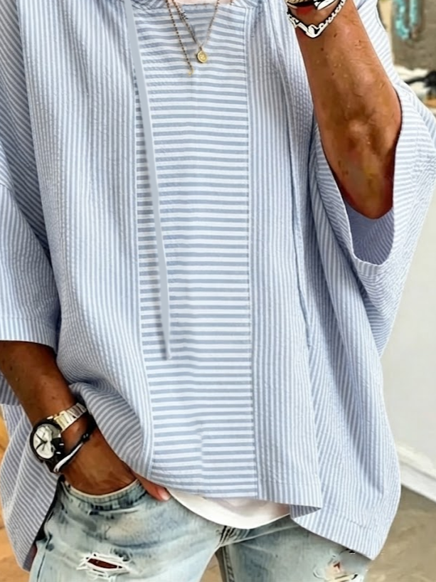 Light Blue Vertical Thin Stripe Short Sleeve Drawstring Hoodie