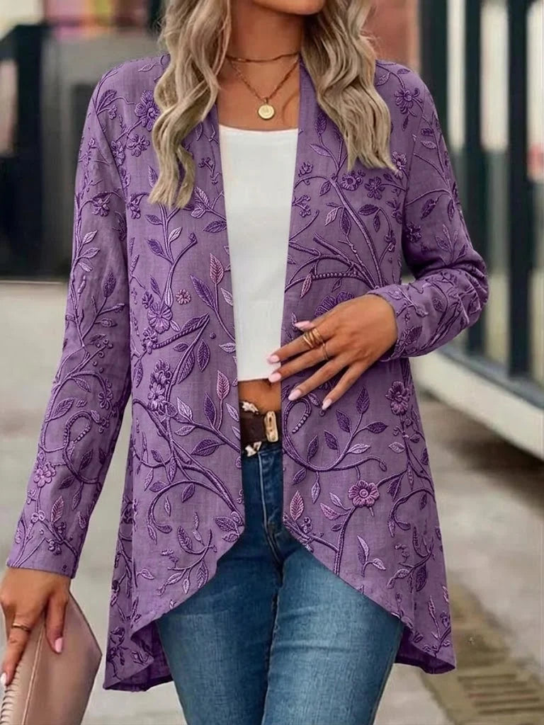 Purple Embossed Floral Open Front Irregular Hem Long Sleeve Jacket