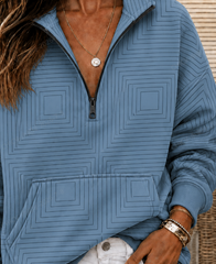 Square Geometric Print Half Zip Stand Collar Long Sleeve Sweatshirt