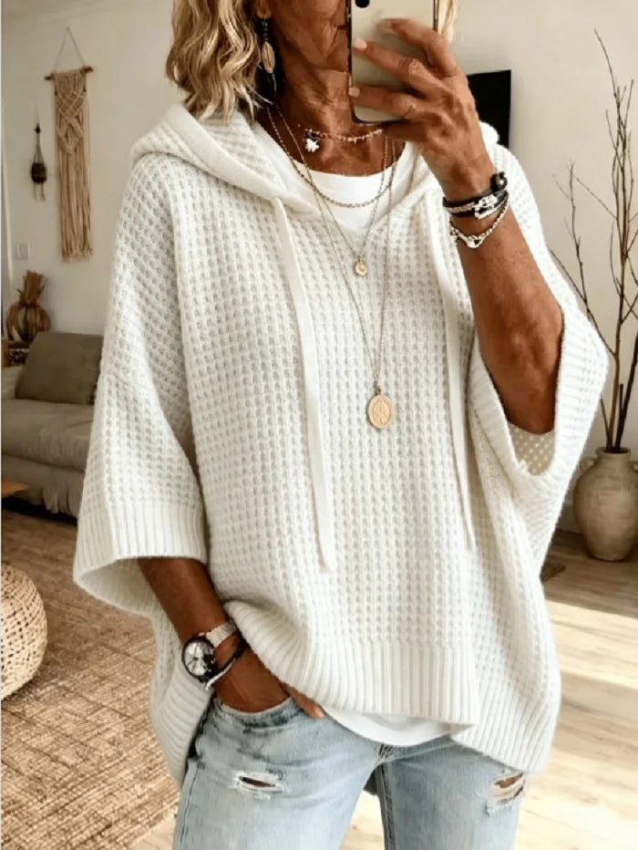 White Waffle Knit Drawstring Hooded Half Sleeve Casual Sweater