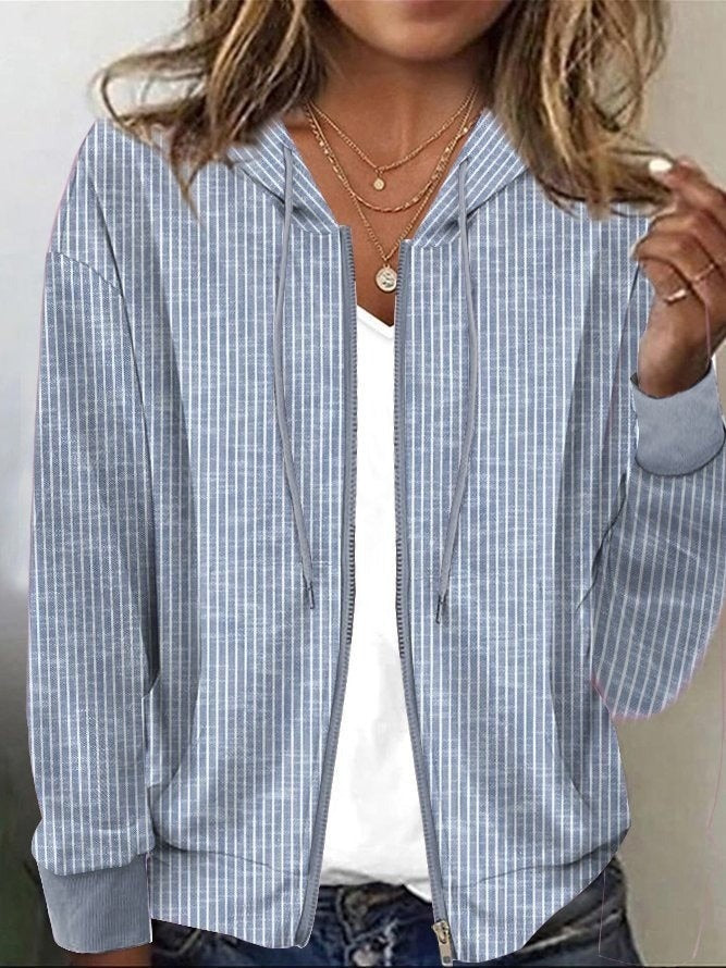 Blue Stripe Print Casual Hoodie