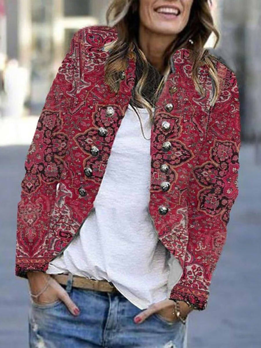 Red Ethnic Print Long Sleeves Coat