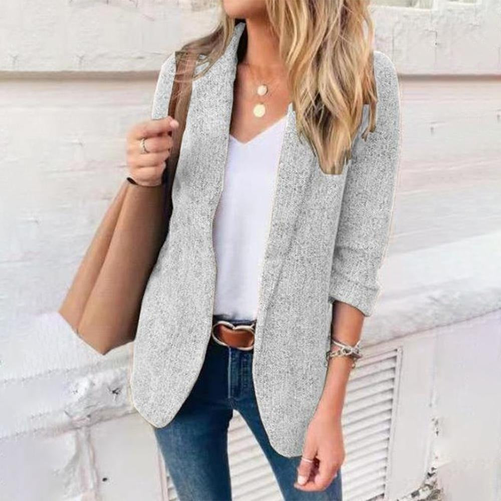 Gray Plain Lapel Long Sleeves Blazer Jacket