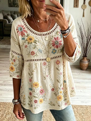 Crew Neck Half Sleeve Floral Printing Regular Micro-Elasticity Casual Blouse For Women