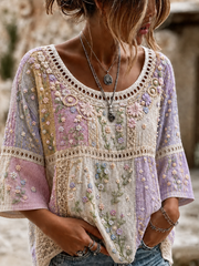 Vintage Crew Neck Half Sleeve Floral Printing Regular Micro-Elasticity Loose Blouse For Women