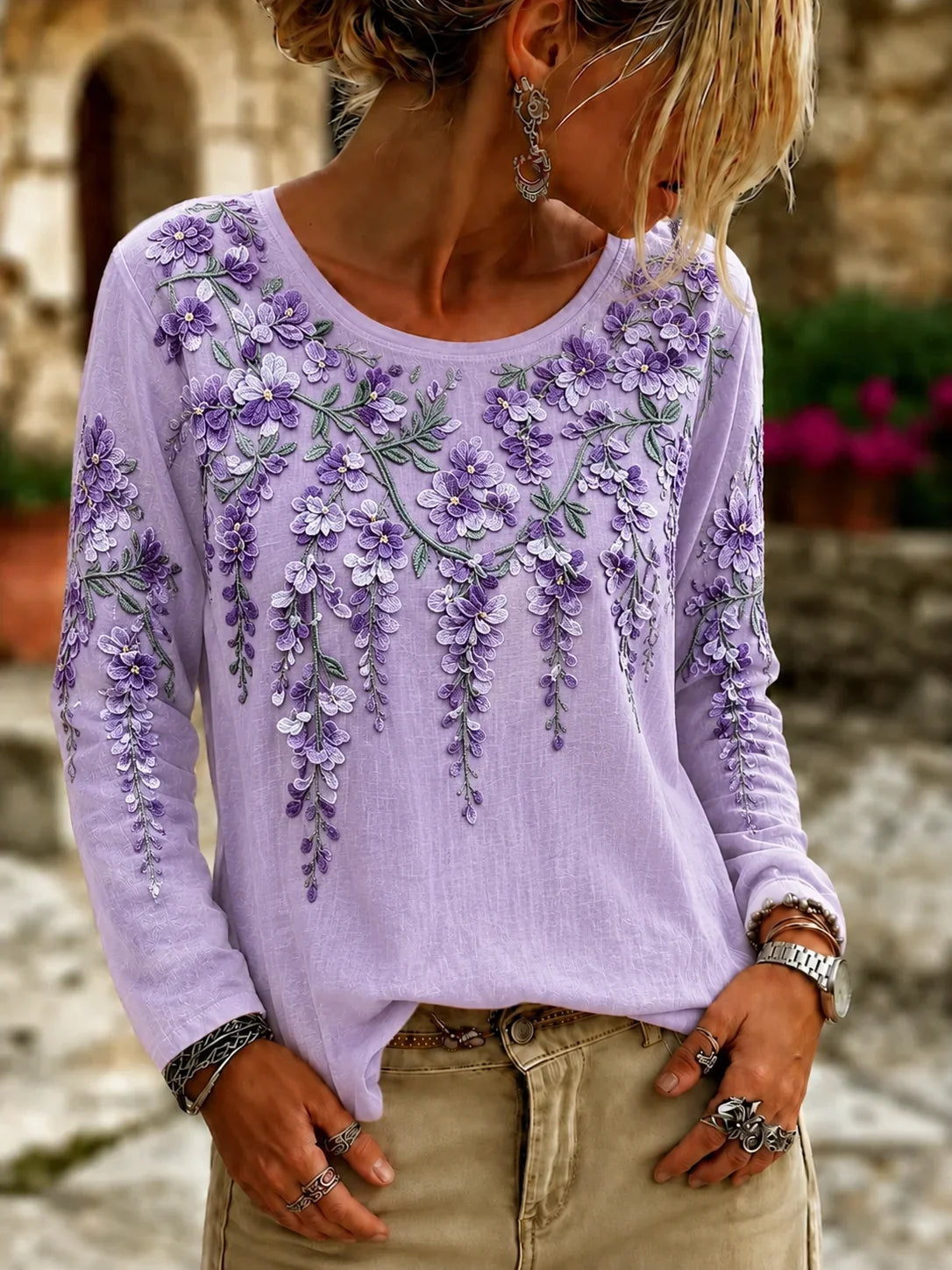 Casual Floral Simple Crew Neck Long Sleeve T-shirt
