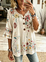 Elegant Women Floral Casual Blouse V Neck Half Sleeve Top
