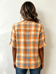 Stand Collar Rolled Three Quarter Sleeve Plaid Button Down Shirt