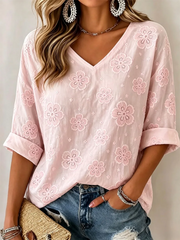 Vintage Floral Embroidery V Neck Rolled Half Sleeve T-shirt