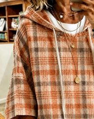 Plaid Drawstring Hooded Half Sleeve Top
