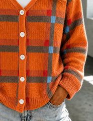 Plaid Pattern V-Neck Button Front Knit Cardigan