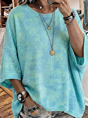 Ombre Tie Dye Waffle Knit Crew Neck Half Sleeve Top