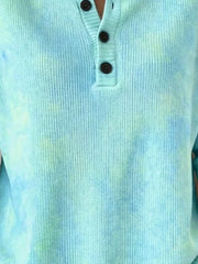Ombre Tie Dye Henley Button Neck Ribbed Long Sleeve Top