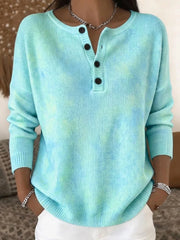 Ombre Tie Dye Henley Button Neck Ribbed Long Sleeve Top