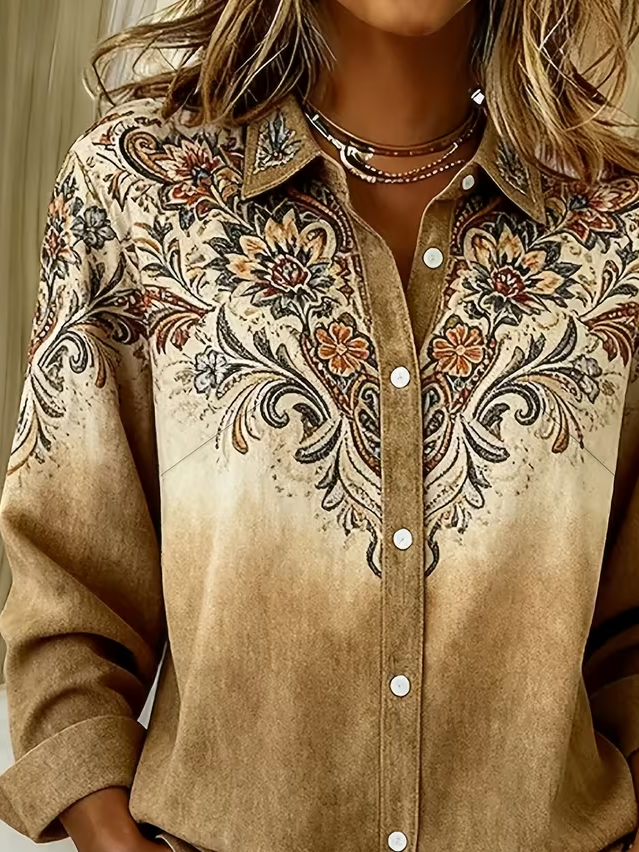 Vintage Floral Gradient Button Down Collared Long Sleeve Shirt