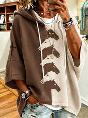 Color Block Horse Print Short Sleeve Drawstring Hoodie