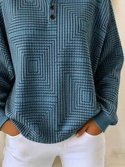 Geometric Square Line Print Henley Button Crew Neck Long Sleeve Sweatshirt