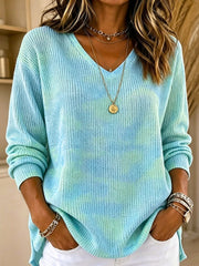 Ombre Tie Dye V-Neck Ribbed Knit Long Sleeve Top