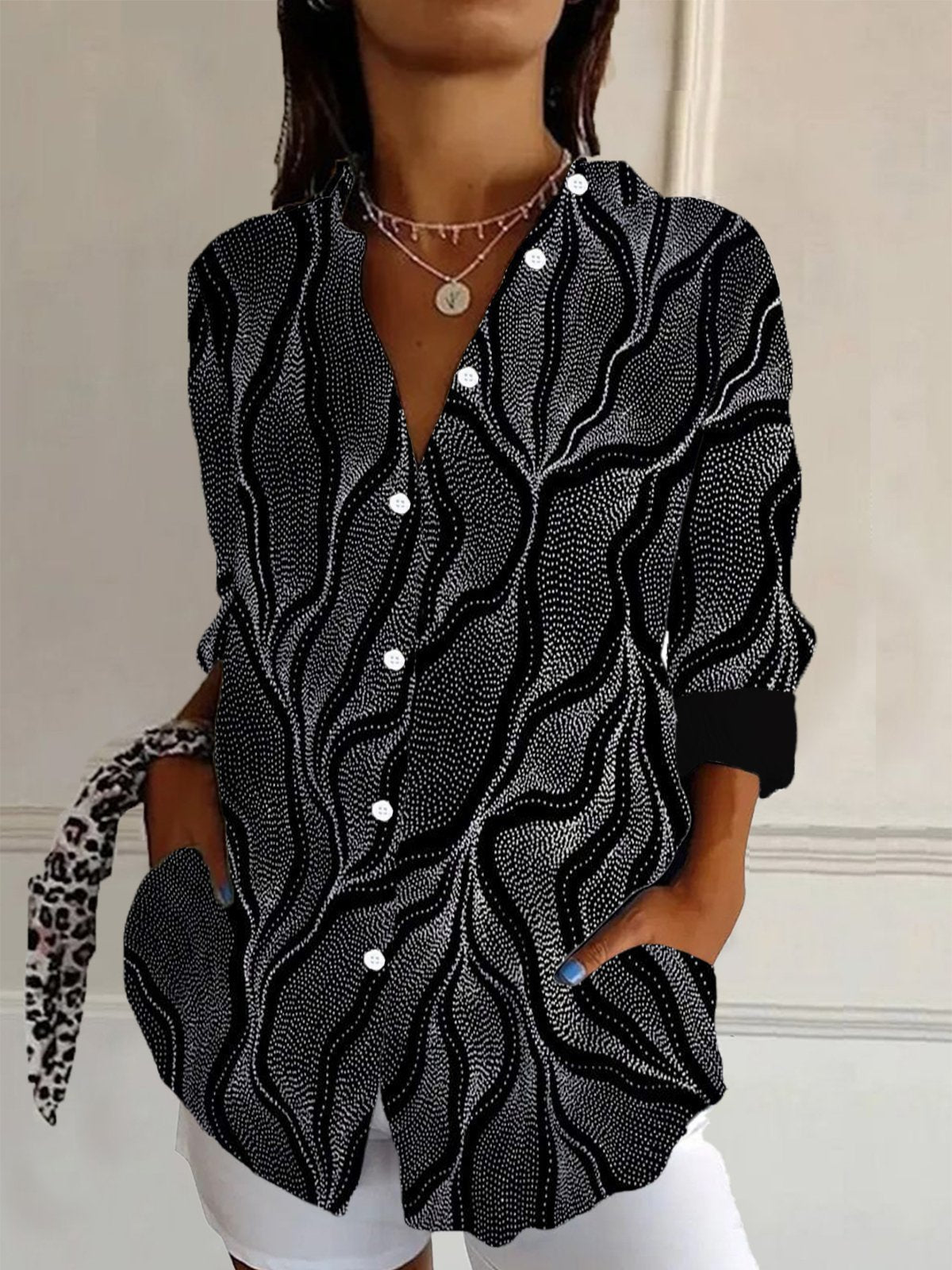 Wave Geometric Print Lapel Long Sleeve Button Down Shirt