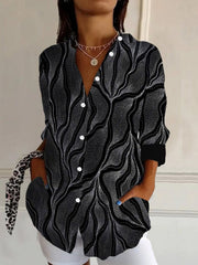 Wave Geometric Print Lapel Long Sleeve Button Down Shirt