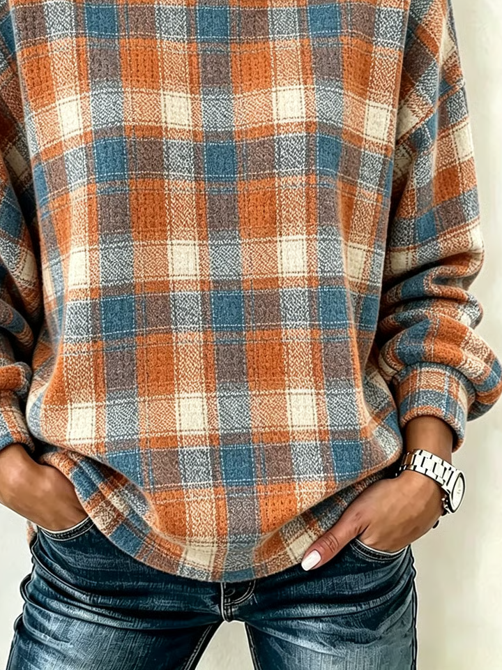 Plaid Crew Neck Long Sleeve Loose Casual Sweatshirt