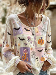 Women Halloween Casual Blouse Crew Neck Long Sleeve Printing Top