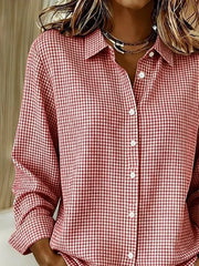 Women Plaid Casual Shirt Shirt Collar Long Sleeve Buckle Top