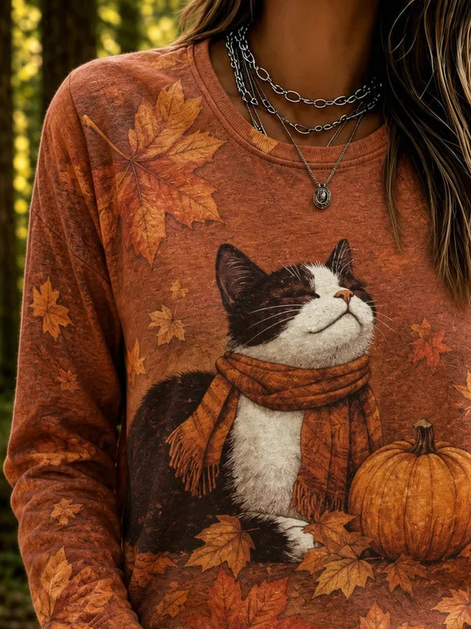 Casual Cat Crew Neck Long Sleeve T-shirt