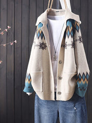 Geometric Pattern Casual Long Sleeve Beige Sweater Cardigan