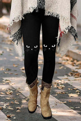 Black Graphic Casual Cat Printed Leggings