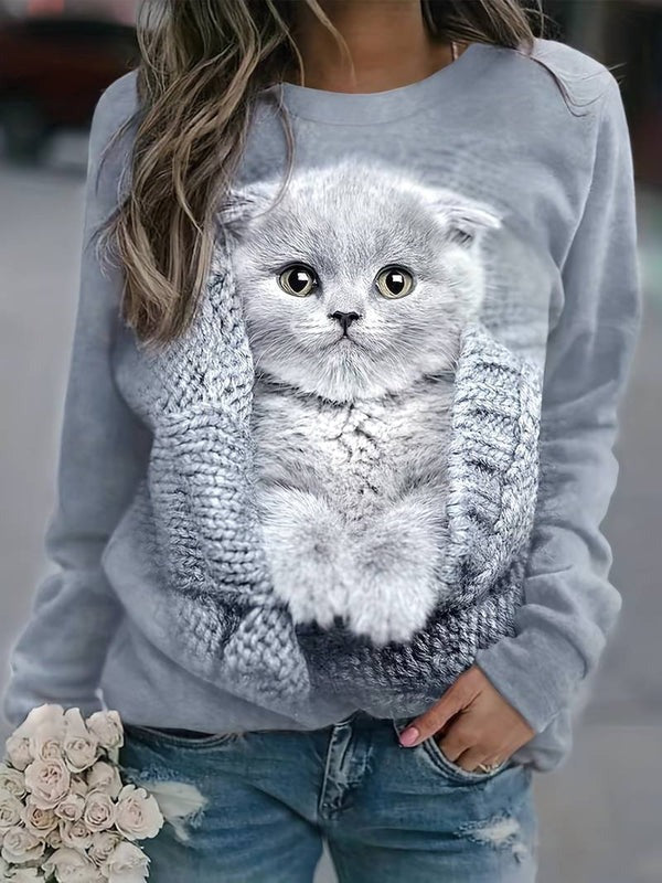 Grey Cute Cat Print Crew Neck Pullover Sweatshirt