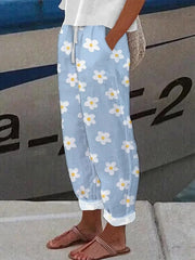 Light Blue Botanical Floral Print Loose Lace-Up Casual Pants
