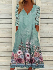 Green Floral Printed Casual V-neck Hollow Out Half Sleeve Midi Dresses
